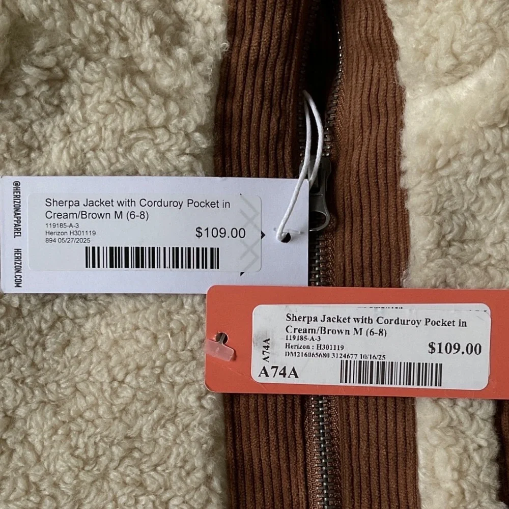 Herizon Sherpa‎ Jacket Corduroy Pocket Cream Brown Size Medium New With Tags